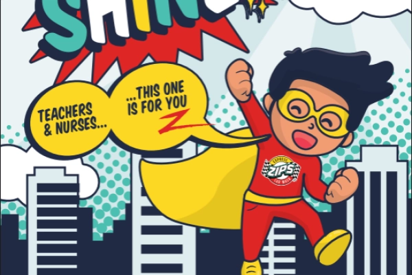 Cartoon superhero poster with an old advertisement for free Premier washes for teachers and nurses that reads "Local Heroes Deserve to SHINE! Teachers & Nurses... This On is For You"