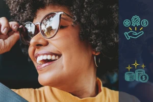 Woman in car smiling with icons of members-only rewards on the right side of image