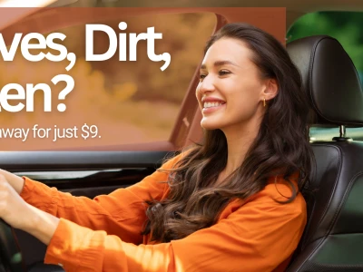 Woman driving car, smiling. Text reads "Leaves, Dirt, Pollen? Wash it all away for just $9."