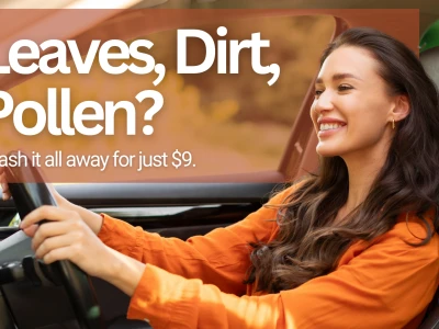 Woman driving car, smiling. Text reads "Leaves, Dirt, Pollen? Wash it all away for just $9 in Tennessee."