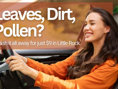 Woman driving car, smiling. Text reads "Leaves, Dirt, Pollen? Wash it all away for just $9 in Little Rock."