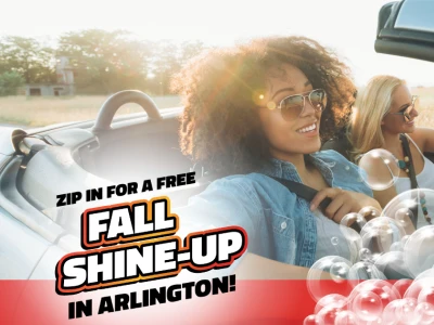 Two women smiling in a car. Text reads "Zip in for a free fall shine-up in Arlington!"