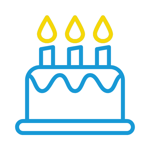 Rocket Express Car Wash brand blue and yellow graphic birthday cake with candles