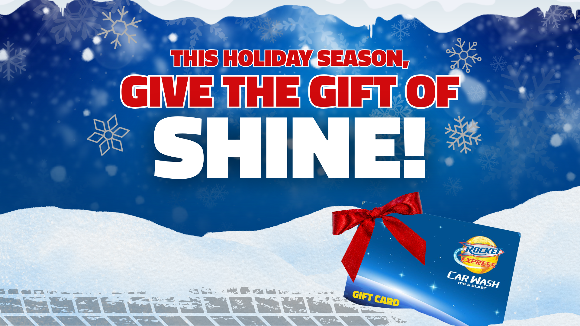 A Rocket Express gift card. Text reads: "This holiday season, give the gift of SHINE!"