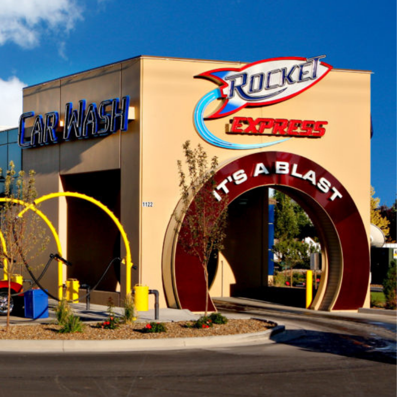 The entrance of a Rocket Express Car Wash tunnel