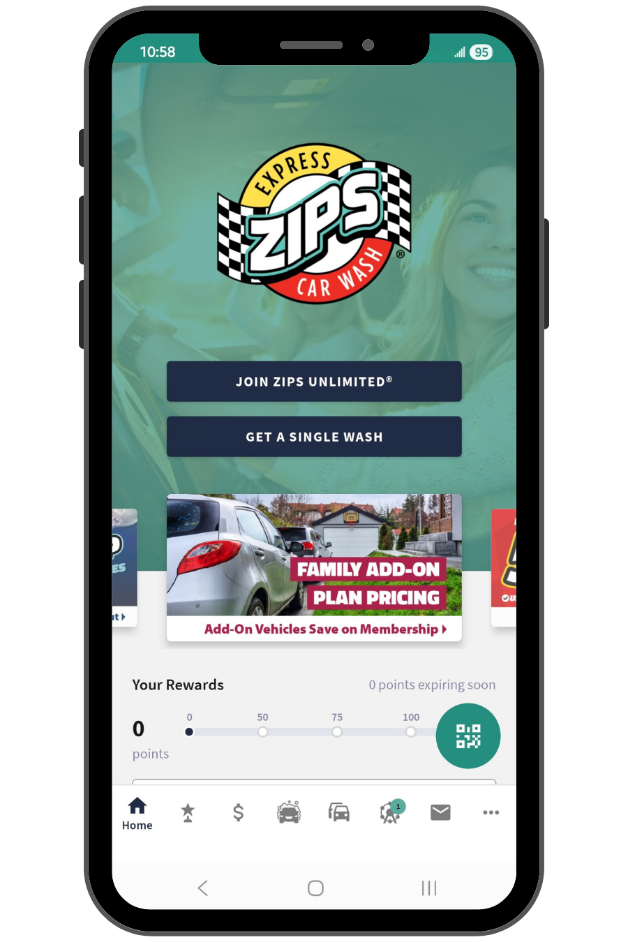 ZIPS Car Wash mobile app screenshot featuring rewards points and offers