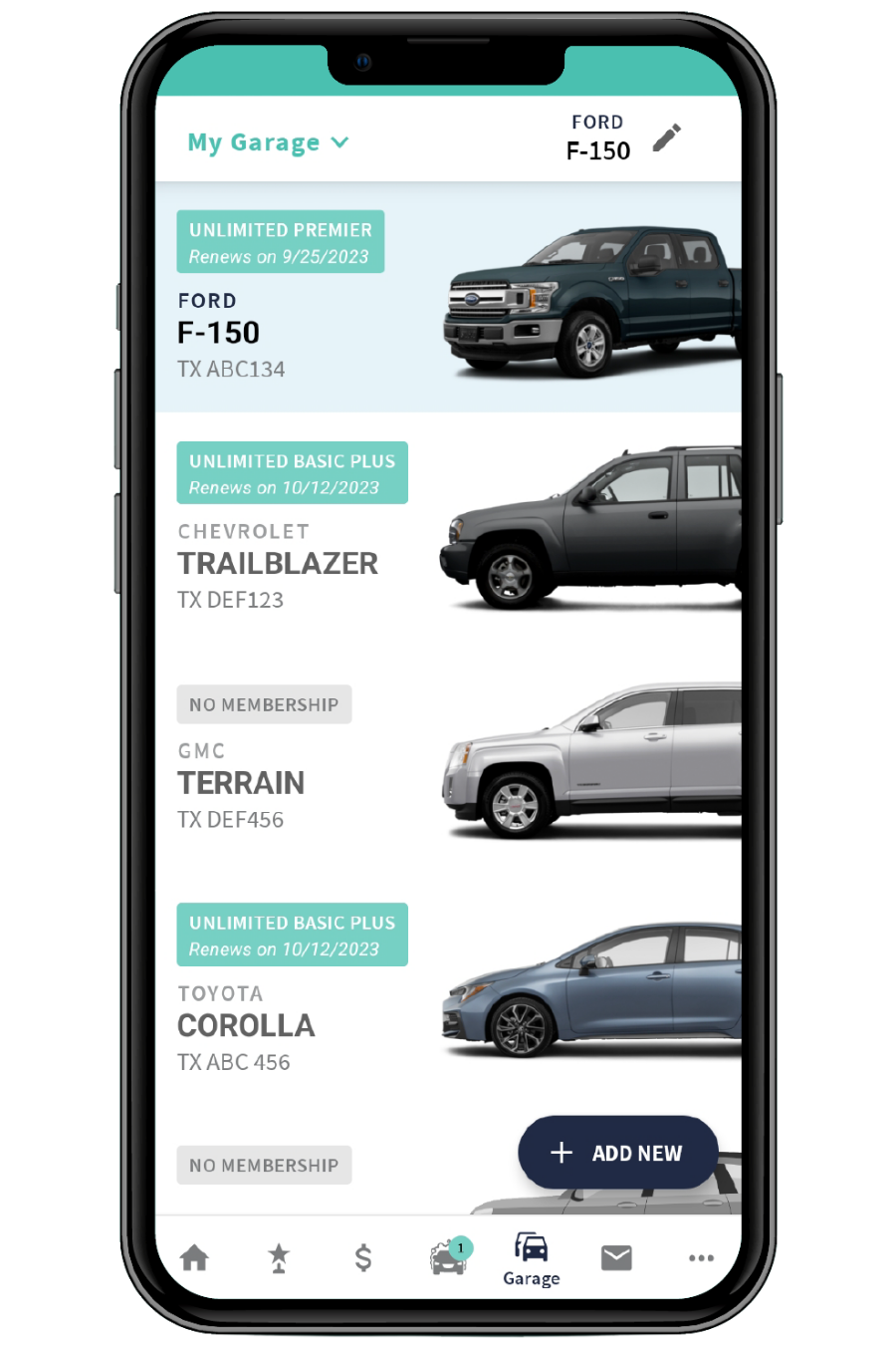 Phone showing the "Garage" section of the ZIPS Car Wash mobile app. Several different vehicles are displayed.