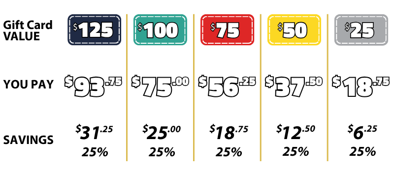 Holiday discount pricing of ZIPS Car Wash Gift Cards. Gift cards are 25% off of their values: $25, $50, $75, $100, and $125 only.